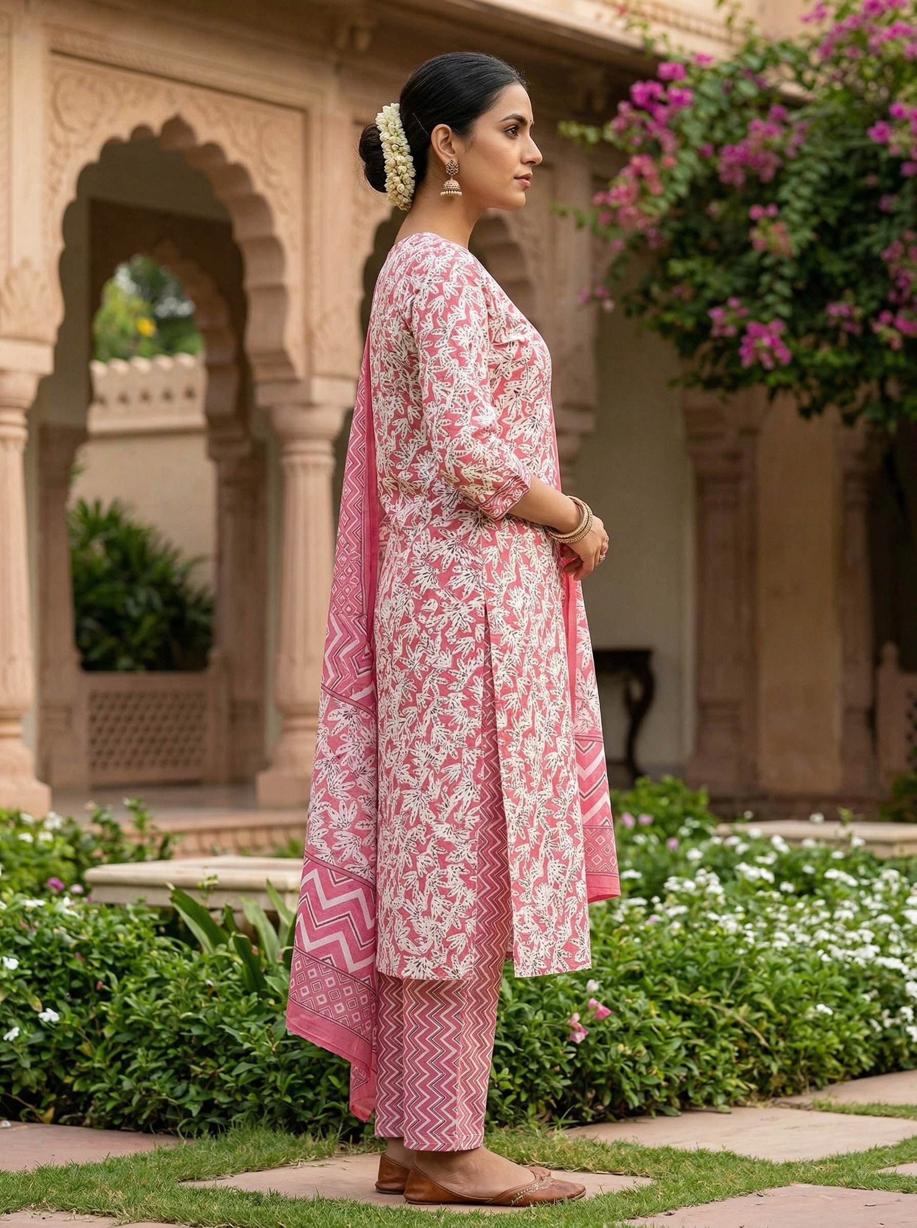Pink Cotton Printed Kurti Pant Dupatta Set (3 Pc Ethnic Set) Thumbnail