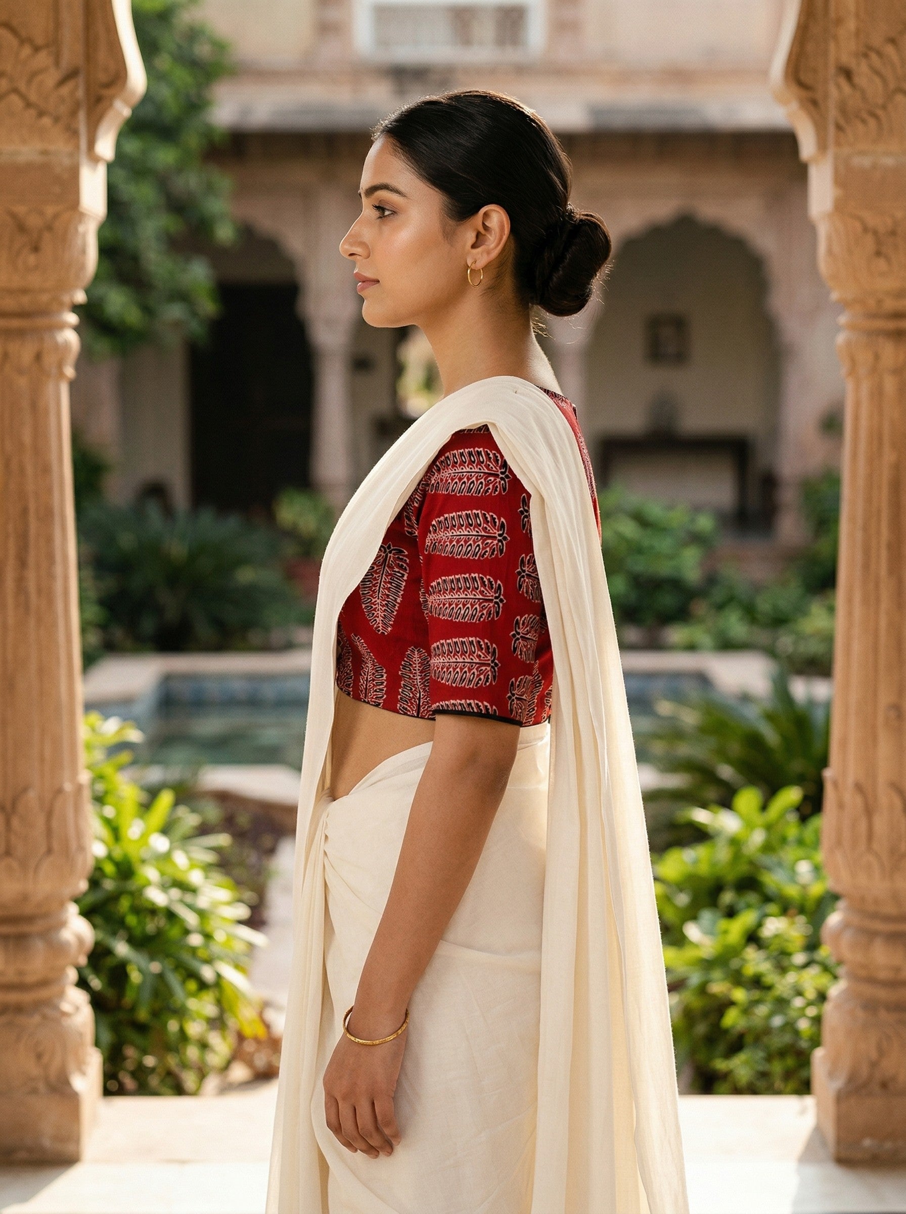 Red Ajrakh Leaf Printed Cotton Saree Blouse Online (Size 30–42) Thumbnail
