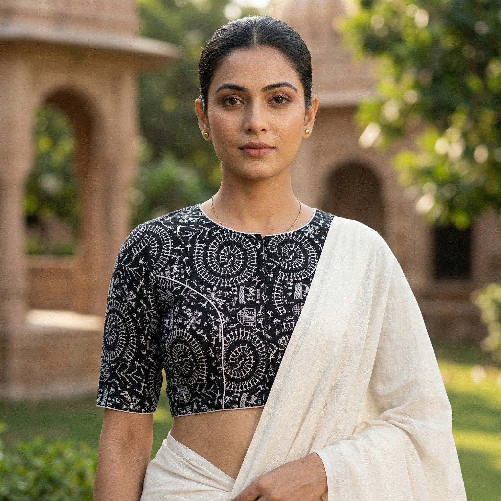 Black Cotton Saree Blouse Readymade with Madhubani Print (Size 30–42) Thumbnail