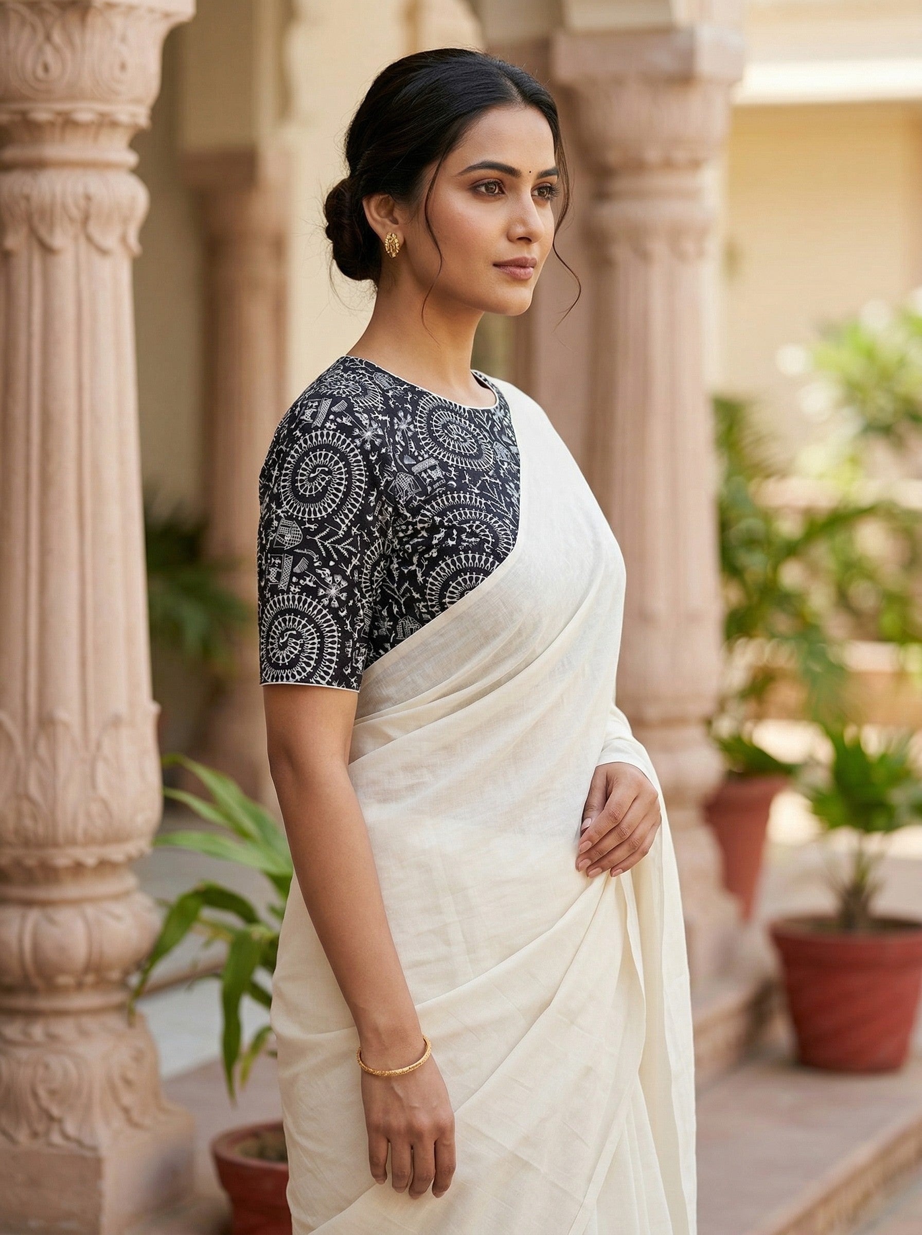 Black Cotton Saree Blouse Readymade with Madhubani Print (Size 30–42) Thumbnail