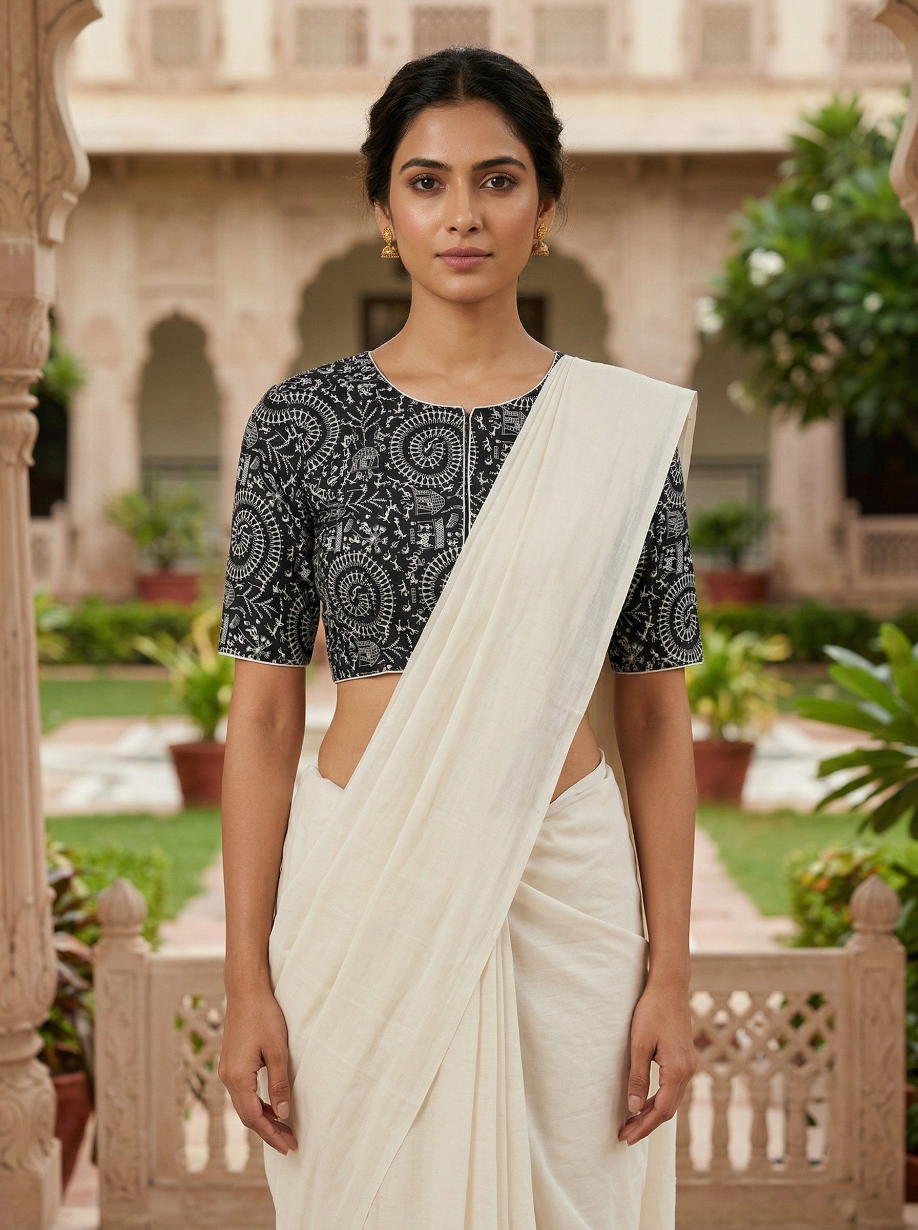 Black Cotton Saree Blouse Readymade with Madhubani Print (Size 30–42) Thumbnail