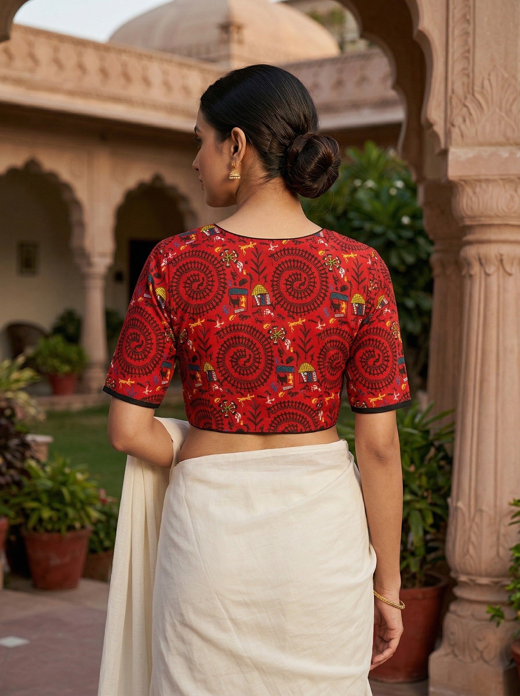 Red Madhubani Printed Cotton Saree Blouse – Half Sleeve (Size 30–42)