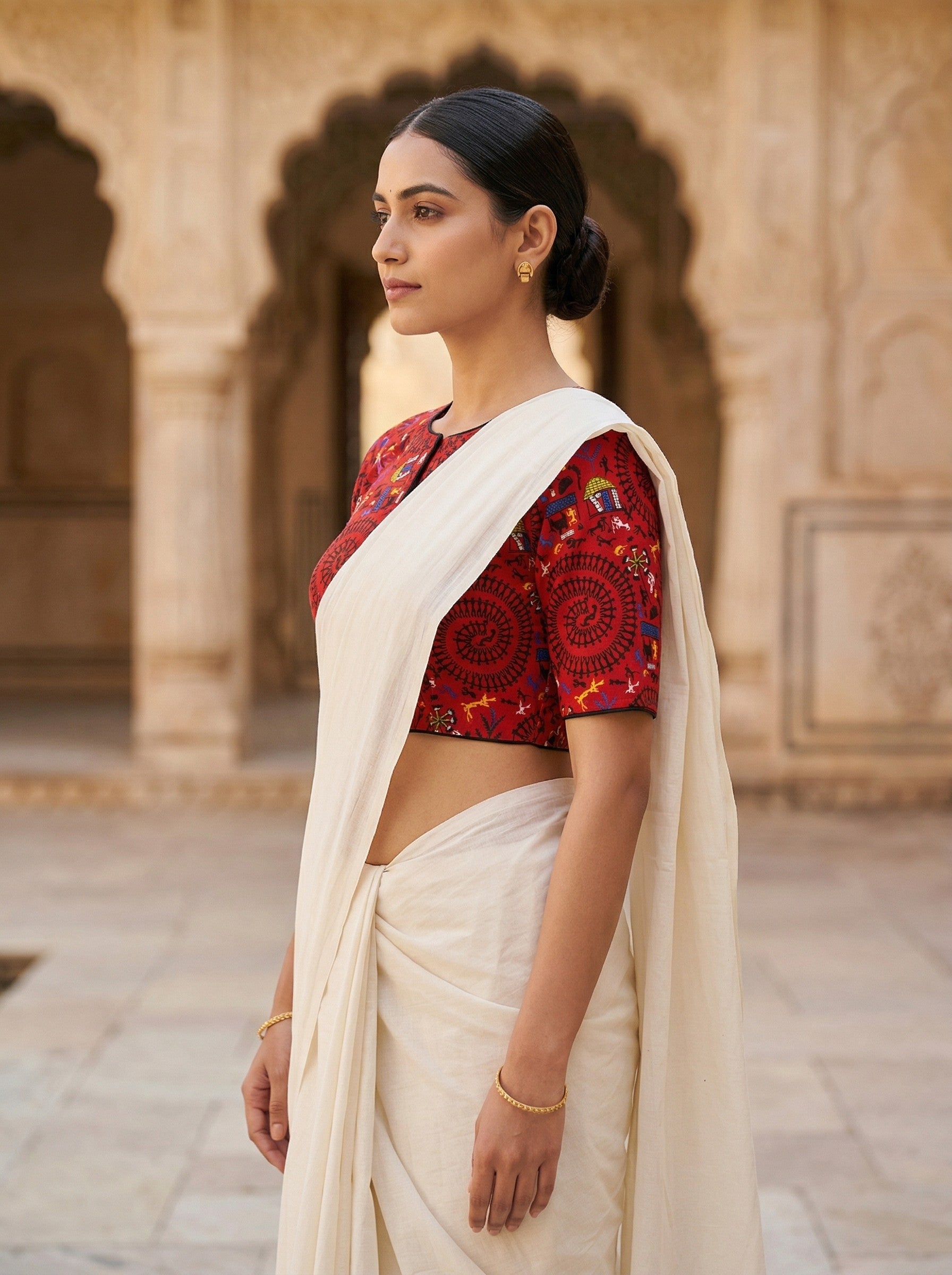 Red Madhubani Printed Cotton Saree Blouse – Half Sleeve (Size 30–42) Thumbnail