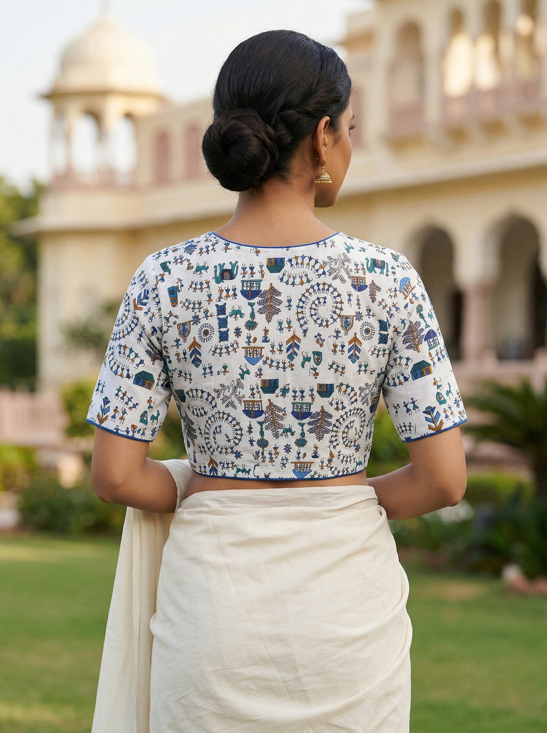 White & Blue Madhubani Hand Printed Cotton Saree Blouse (Size 30–42)
