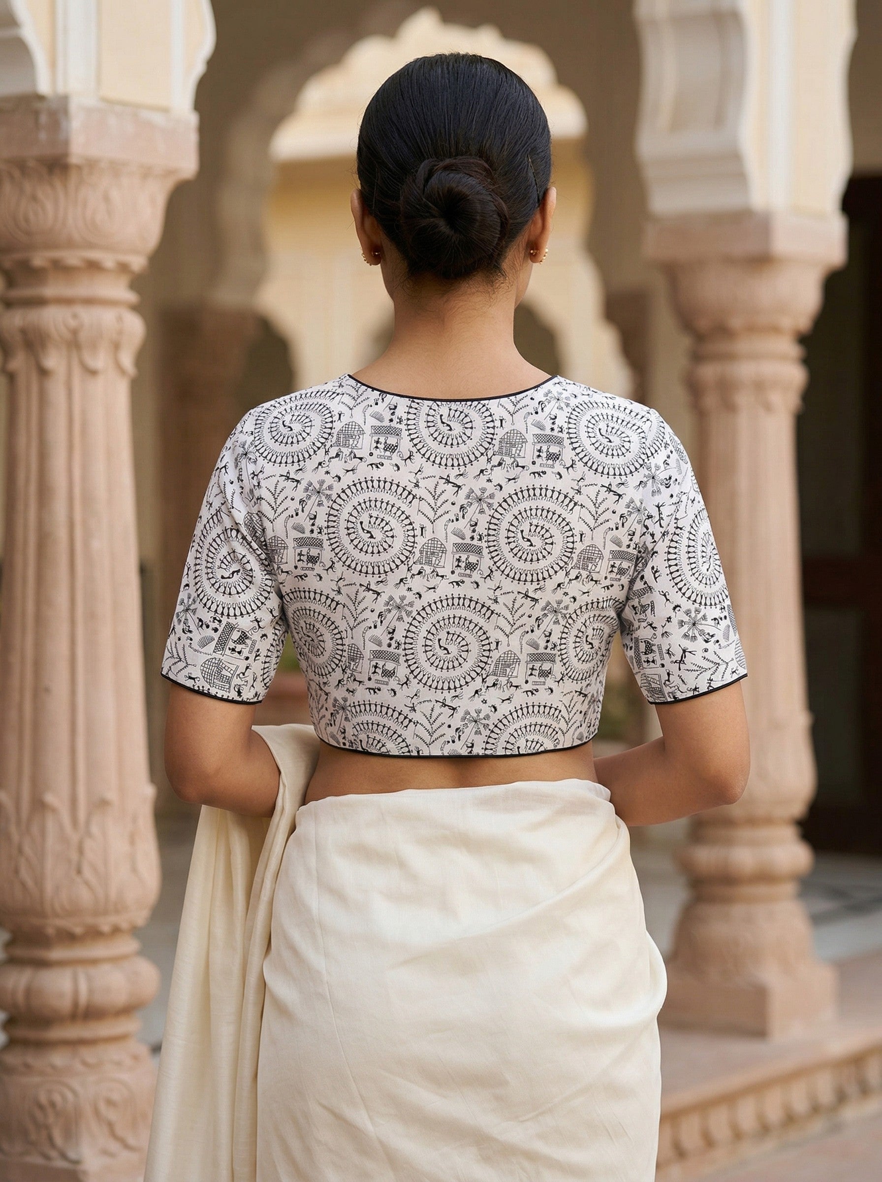 White Cotton Readymade Saree Blouse with Madhubani Art (Size 30–42)