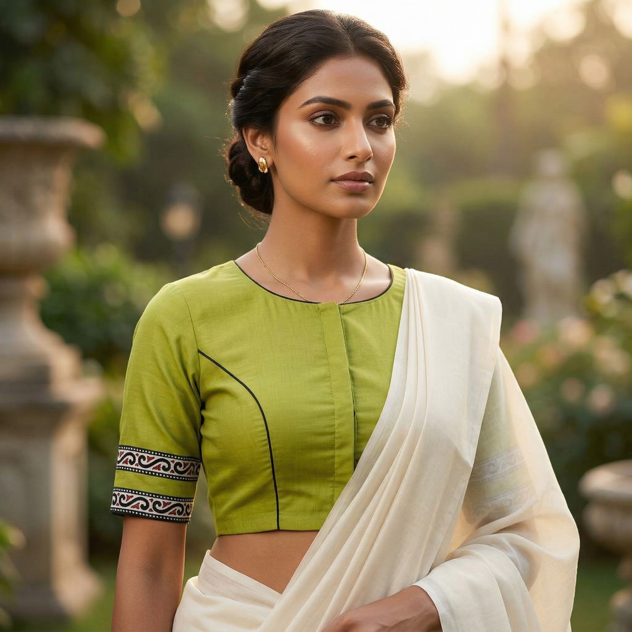 Green Pure Cotton Saree Blouse with Back V-Neck & Border (Size 30–44) Thumbnail