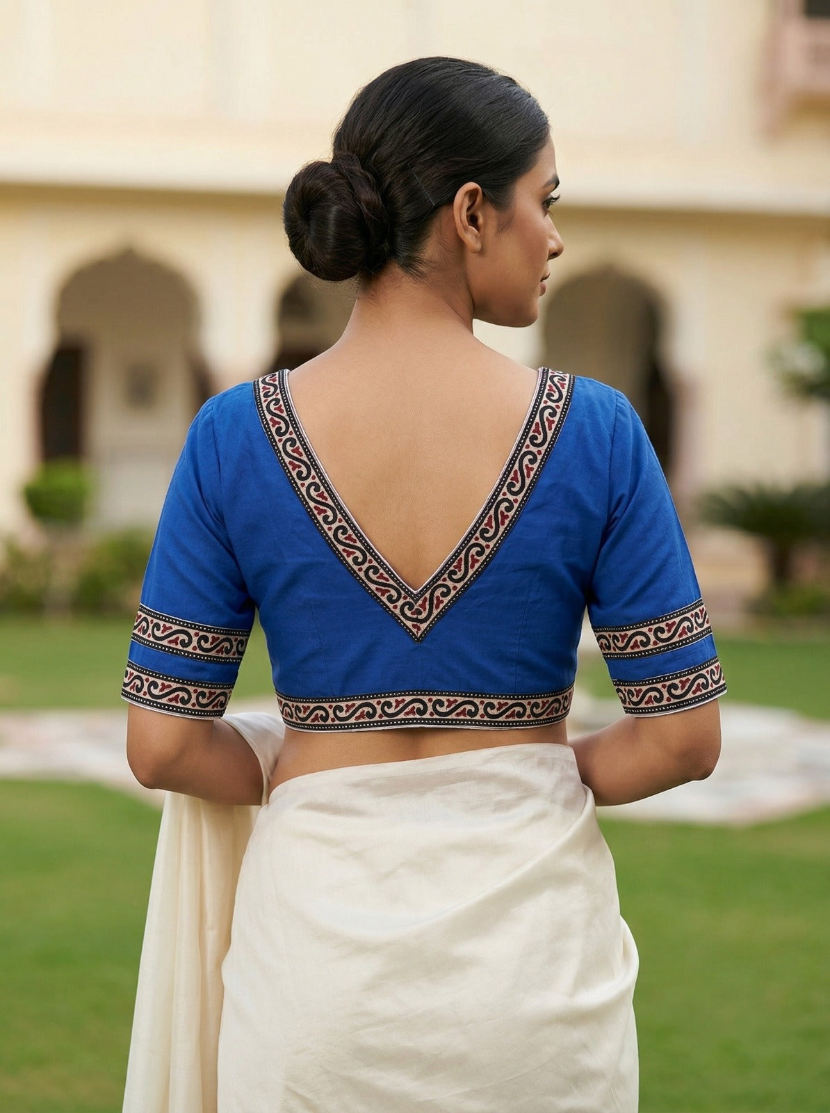Royal Blue Front Open Cotton Saree Blouse – V-Neck (Size 30–44)