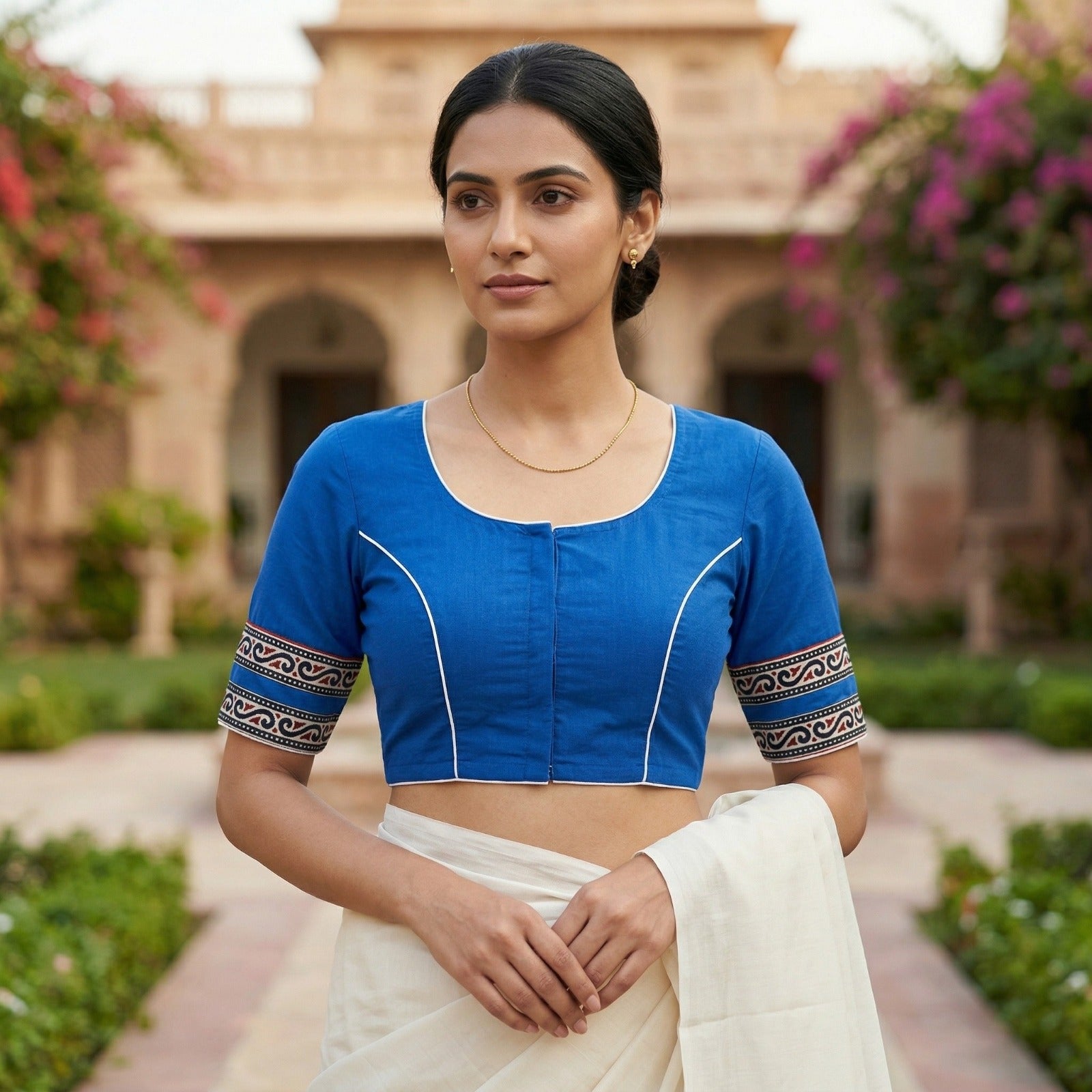 Royal Blue Front Open Cotton Saree Blouse – V-Neck (Size 30–44) Thumbnail