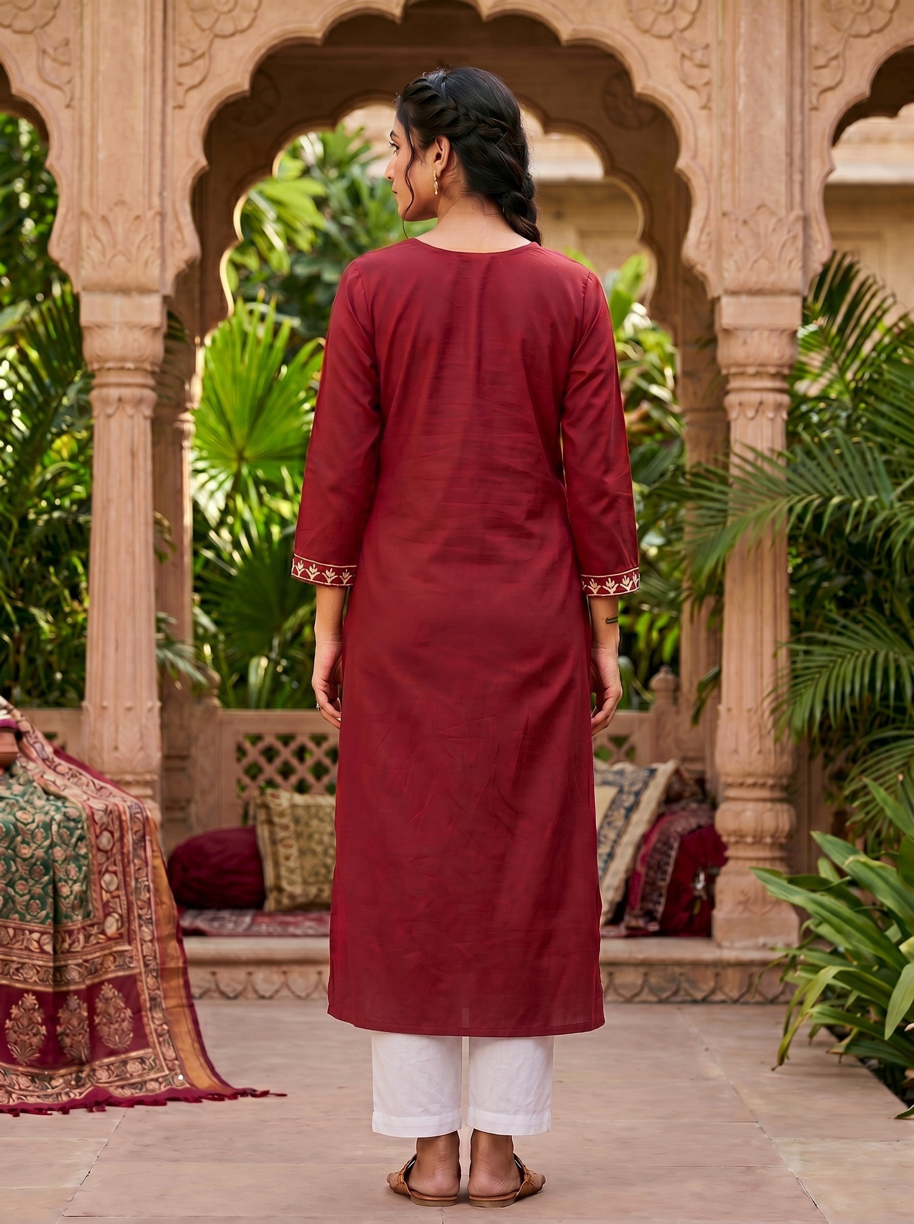 Red Cotton Embroidered Kurti for Women (Straight Fit) Thumbnail